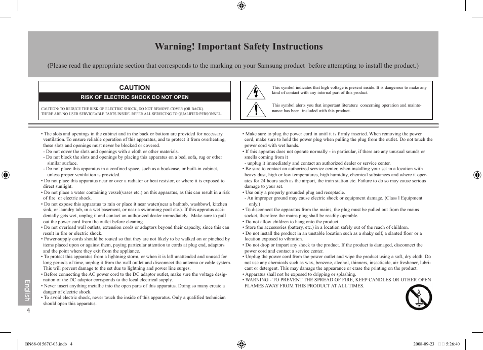 Warning! important safety instructions, Caution, English | Samsung SPF-71E User Manual | Page 4 / 64