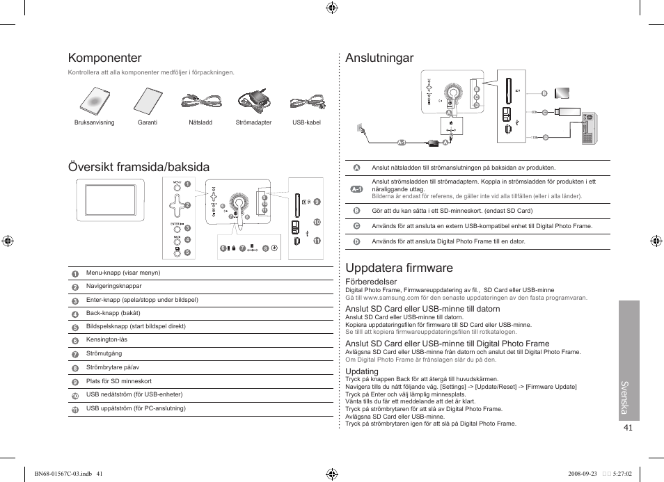 Komponenter, Översikt framsida/baksida, Anslutningar | Uppdatera firmware, Sv enska | Samsung SPF-71E User Manual | Page 41 / 64