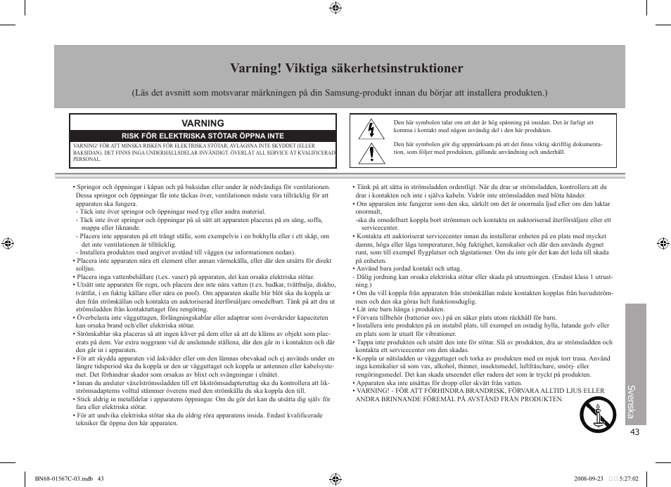 Varning! viktiga säkerhetsinstruktioner, Sv enska, Varning | Samsung SPF-71E User Manual | Page 43 / 64