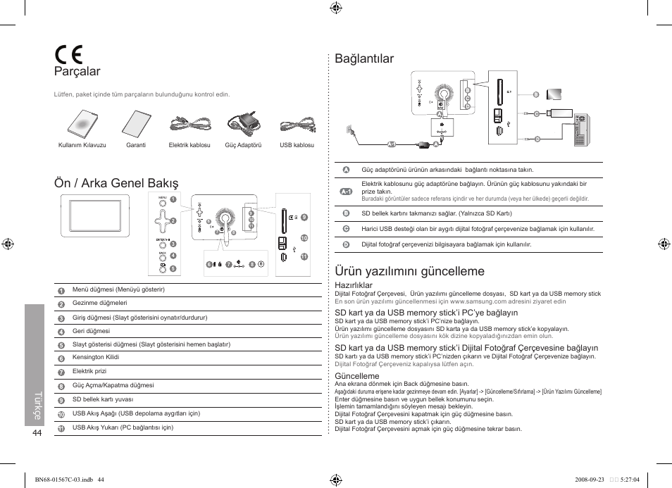 Parçalar, Ön / arka genel bakış, Bağlantılar | Ürün yazılımını güncelleme, Türkçe | Samsung SPF-71E User Manual | Page 44 / 64