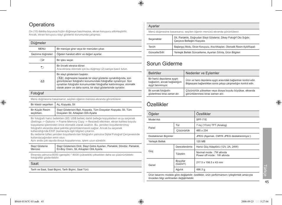 Operations, Sorun giderme, Özellikler | Türkçe | Samsung SPF-71E User Manual | Page 45 / 64