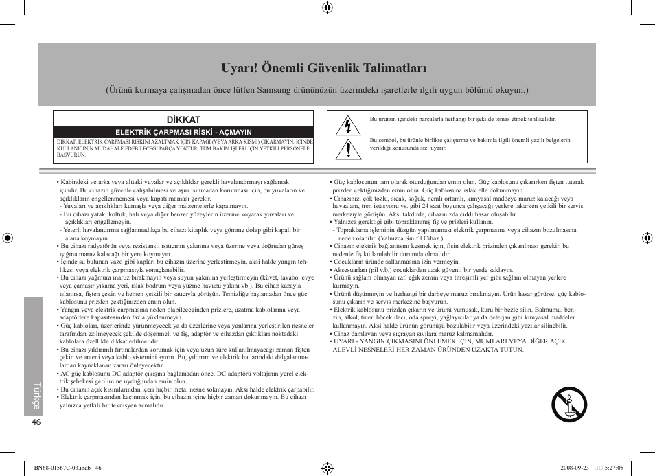 Uyarı! önemli güvenlik talimatları | Samsung SPF-71E User Manual | Page 46 / 64