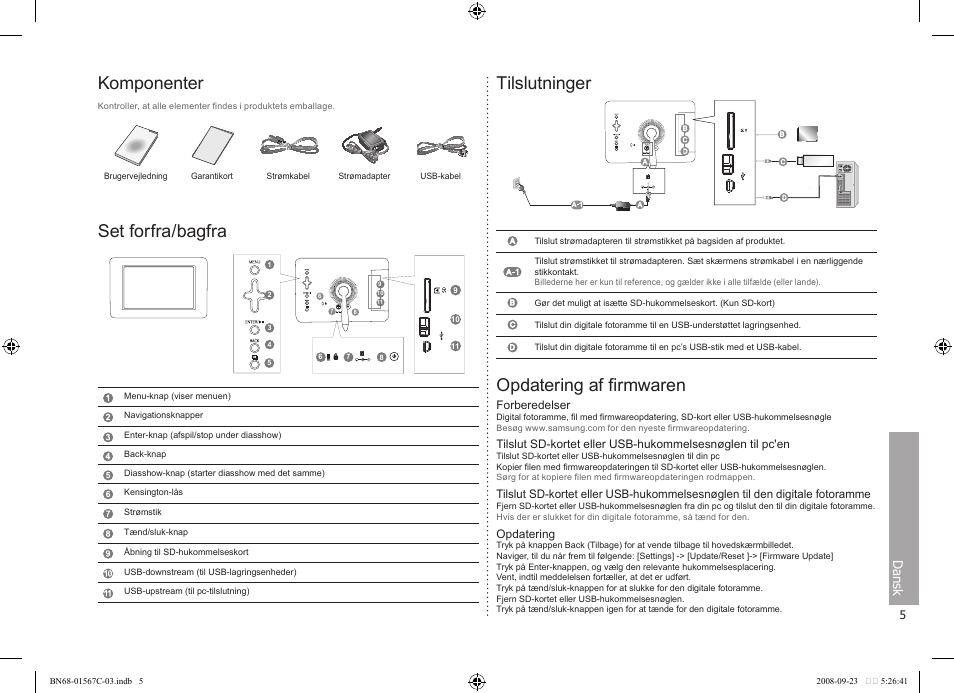Komponenter, Set forfra/bagfra, Tilslutninger | Opdatering af firmwaren, Dansk | Samsung SPF-71E User Manual | Page 5 / 64