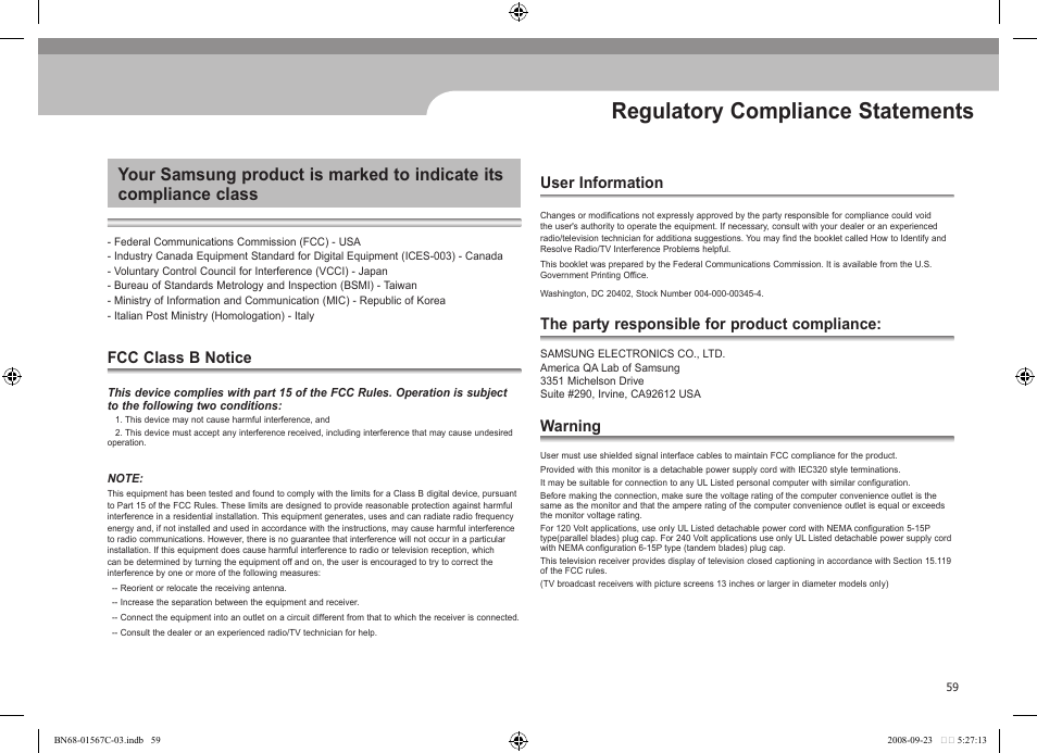 Regulatory compliance statements, Fcc class b notice, User information | The party responsible for product compliance, Warning | Samsung SPF-71E User Manual | Page 59 / 64