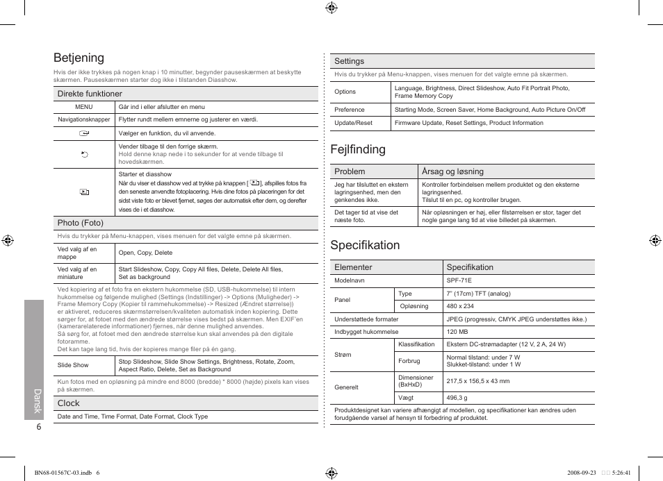 Betjening, Fejlfinding, Specifikation | Dansk | Samsung SPF-71E User Manual | Page 6 / 64