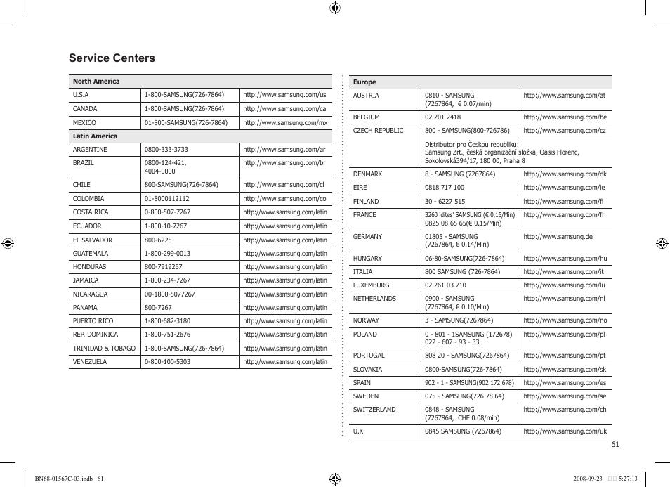 Service centers | Samsung SPF-71E User Manual | Page 61 / 64