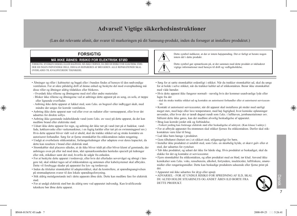 Advarsel! vigtige sikkerhedsinstruktioner, Forsigtig, Dansk | Samsung SPF-71E User Manual | Page 7 / 64