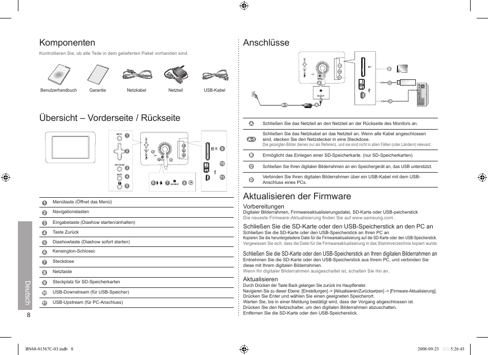 Komponenten, Übersicht – vorderseite / rückseite, Anschlüsse | Aktualisieren der firmware, Deutsch | Samsung SPF-71E User Manual | Page 8 / 64