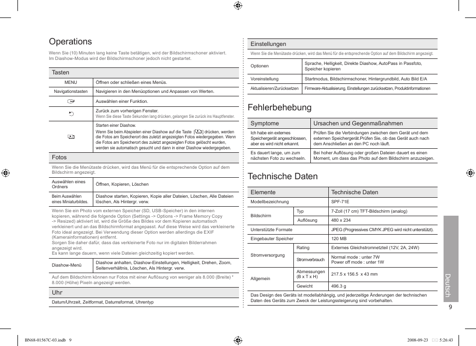 Operations, Fehlerbehebung, Technische daten | Deutsch | Samsung SPF-71E User Manual | Page 9 / 64