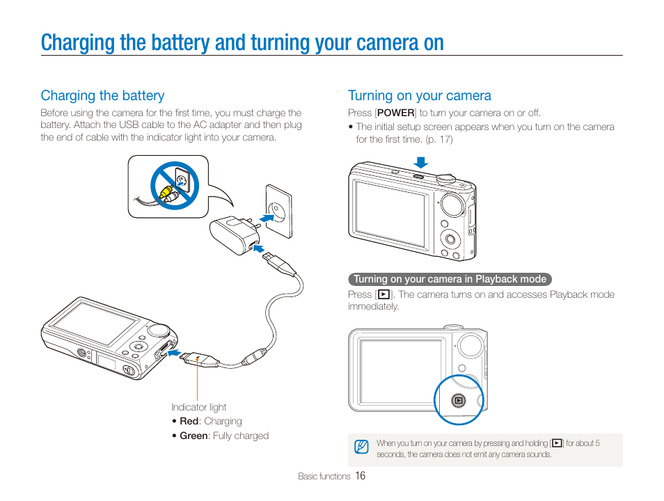 Charging the battery and turning your camera on, Charging the battery, Turning on your camera | Charging the battery ………………………………………… 16, Turning on your camera …………………………………… 16 | Samsung TL205 User Manual | Page 17 / 100