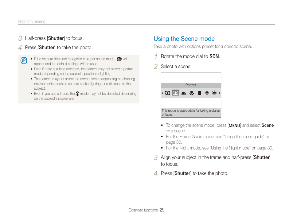 Using the scene mode, Mode. (p. 29), Using the scene mode ……………………………………… 29 | Samsung TL205 User Manual | Page 30 / 100