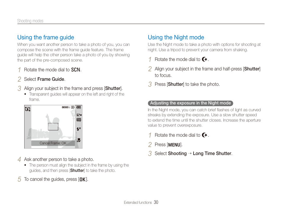 Using the frame guide, Using the night mode, P. 30) | Using the frame guide ……………………………………… 30, Using the night mode ……………………………………… 30 | Samsung TL205 User Manual | Page 31 / 100