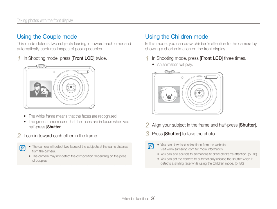 Using the couple mode, Using the children mode, Using the couple mode …………………………………… 36 | Using the children mode ………………………………… 36 | Samsung TL205 User Manual | Page 37 / 100