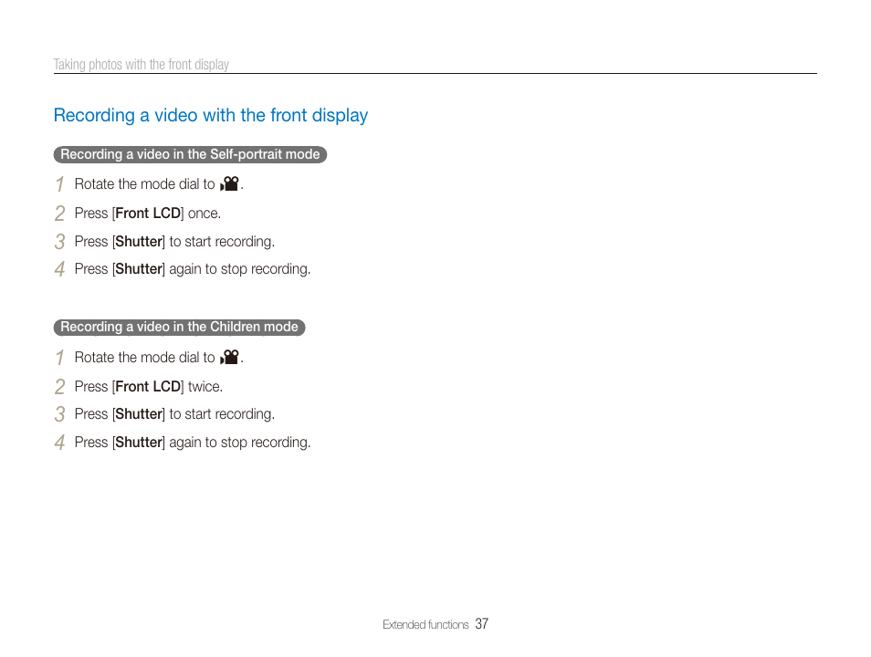 Recording a video with the front display | Samsung TL205 User Manual | Page 38 / 100
