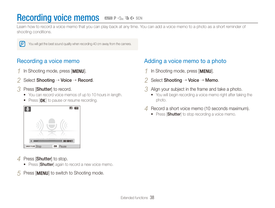 Recording voice memos, Recording a voice memo, Adding a voice memo to a photo | Recording a voice memo …………………………………… 38, Adding a voice memo to a photo ………………………… 38 | Samsung TL205 User Manual | Page 39 / 100