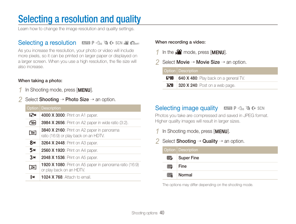 Selecting a resolution and quality, Selecting a resolution, Selecting image quality | Selecting a resolution ………………………… 40, Selecting image quality ………………………… 40 | Samsung TL205 User Manual | Page 41 / 100