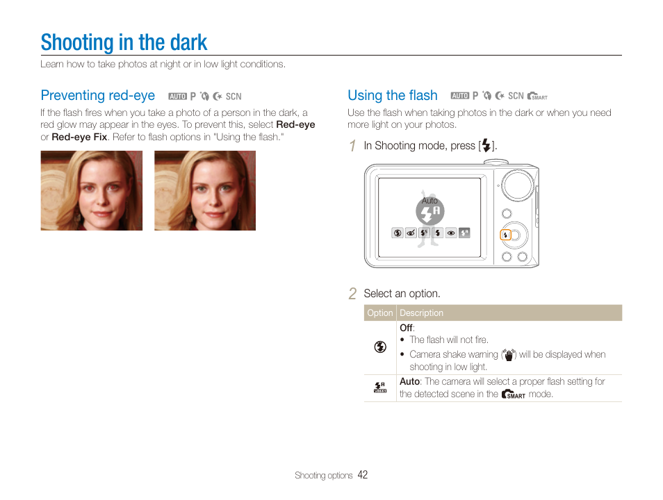 Shooting in the dark, Preventing red-eye, Using the flash | P. 42), Using the ﬂash, Preventing red-eye …………………………… 42, Using the ﬂash ………………………………… 42 | Samsung TL205 User Manual | Page 43 / 100