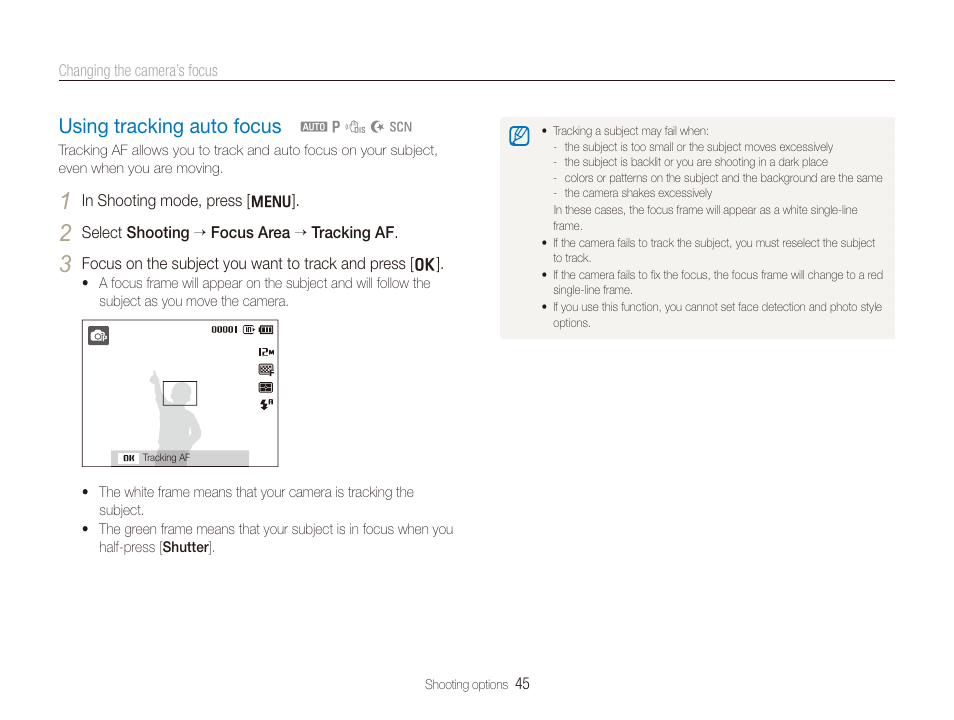 Using tracking auto focus, Using tracking auto focus …………………… 45 | Samsung TL205 User Manual | Page 46 / 100