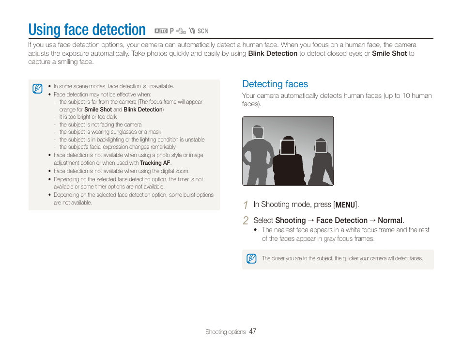 Using face detection, Detecting faces, Detecting faces ………………………………… 47 | Samsung TL205 User Manual | Page 48 / 100