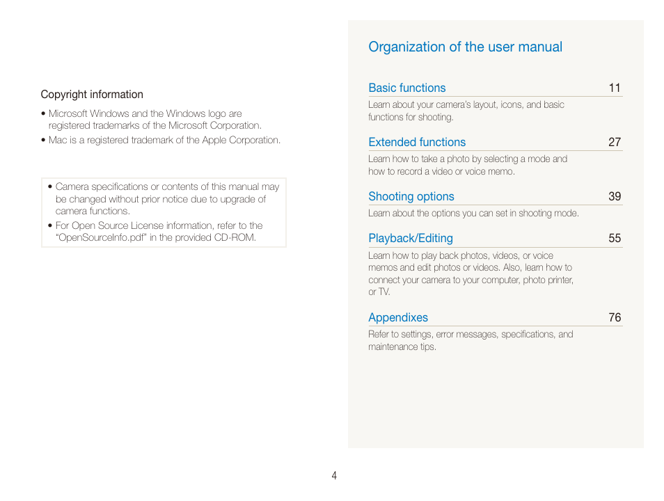 Organization of the user manual | Samsung TL205 User Manual | Page 5 / 100