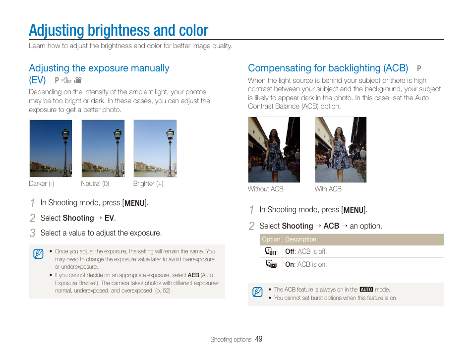 Adjusting brightness and color, Adjusting the exposure manually (ev), Compensating for backlighting (acb) | Adjust the exposure. (p, Option. (p. 49), Adjusting the exposure manually (ev) ………… 49, Compensating for backlighting (acb) ………… 49 | Samsung TL205 User Manual | Page 50 / 100