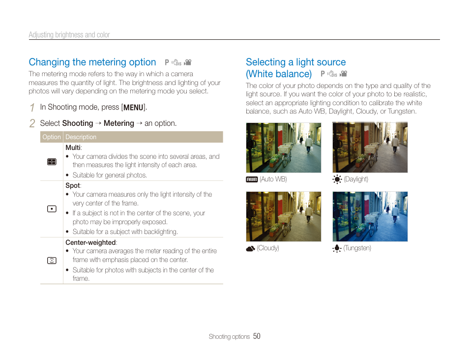 Changing the metering option, Selecting a light source (white balance), Changing the metering option ………………… 50 | Selecting a light source (white balance) …… 50 | Samsung TL205 User Manual | Page 51 / 100