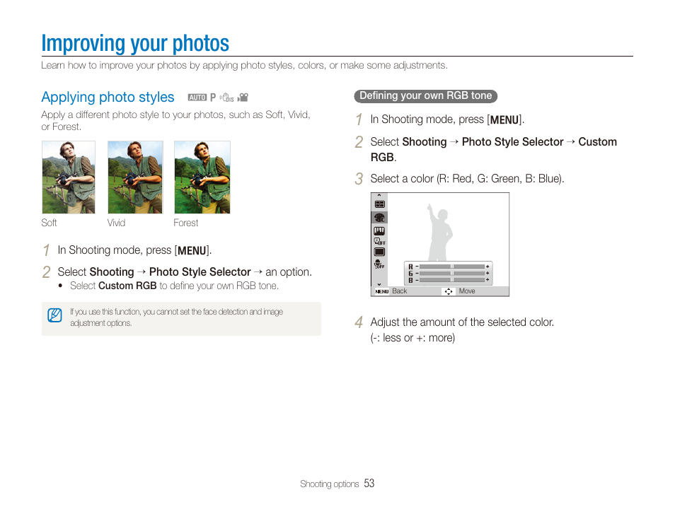 Improving your photos, Applying photo styles, Applying photo styles ………………………… 53 | Samsung TL205 User Manual | Page 54 / 100