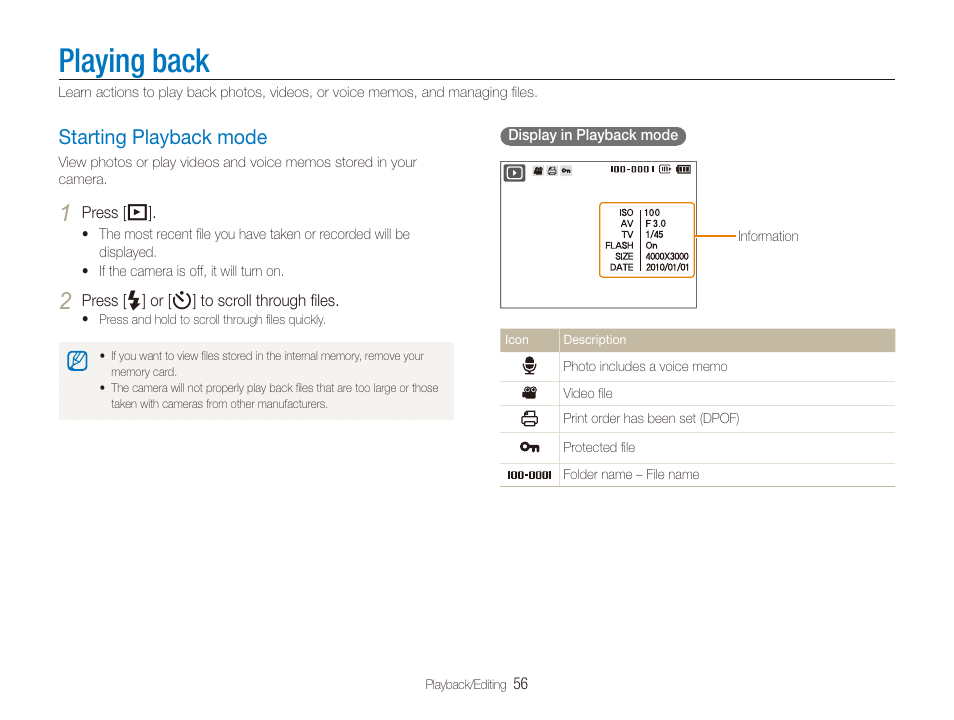 Playing back, Starting playback mode, Starting playback mode ……………………… 56 | Samsung TL205 User Manual | Page 57 / 100