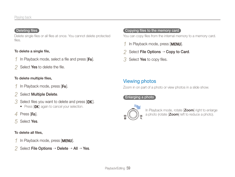 Viewing photos, Viewing photos ………………………………… 59 | Samsung TL205 User Manual | Page 60 / 100