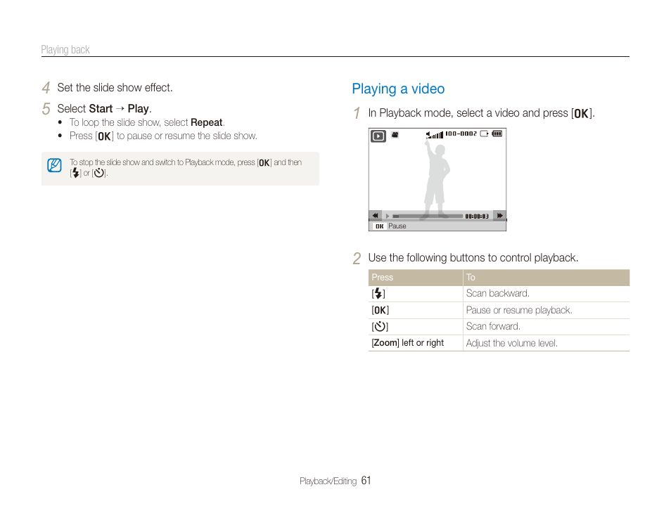 Playing a video, Playing a video ………………………………… 61 | Samsung TL205 User Manual | Page 62 / 100