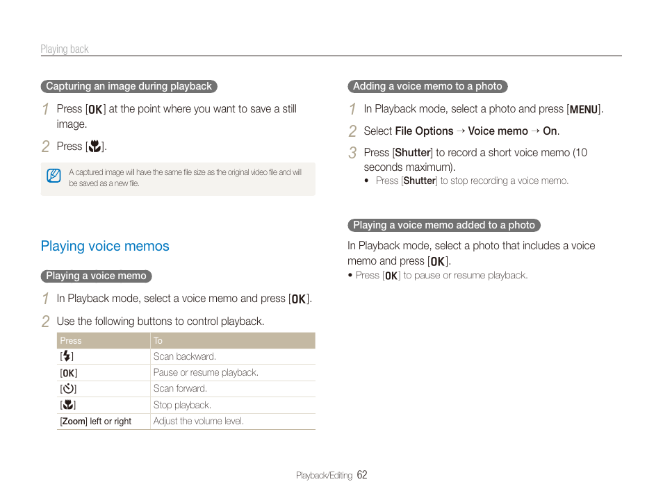 Playing voice memos, Playing voice memos ………………………… 62 | Samsung TL205 User Manual | Page 63 / 100