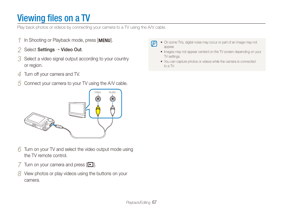 Viewing files on a tv, Viewing ﬁles on a tv | Samsung TL205 User Manual | Page 68 / 100