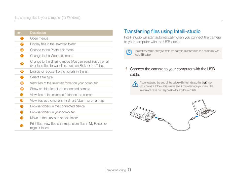 Transferring files using intelli-studio, Transferring ﬁles using intelli-studio, Transferring ﬁles using intelli-studio …………… 71 | Samsung TL205 User Manual | Page 72 / 100