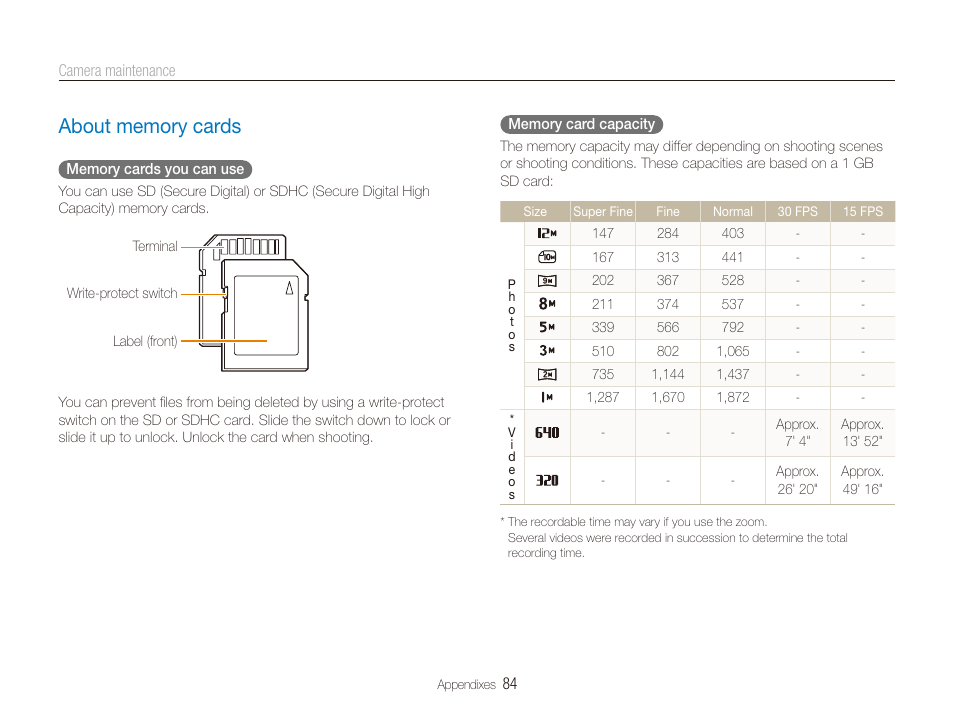 About memory cards, About memory cards ……………………………………… 84 | Samsung TL205 User Manual | Page 85 / 100