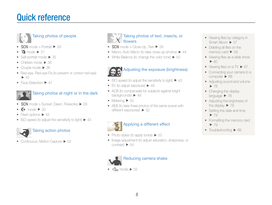 Quick reference | Samsung TL205 User Manual | Page 9 / 100