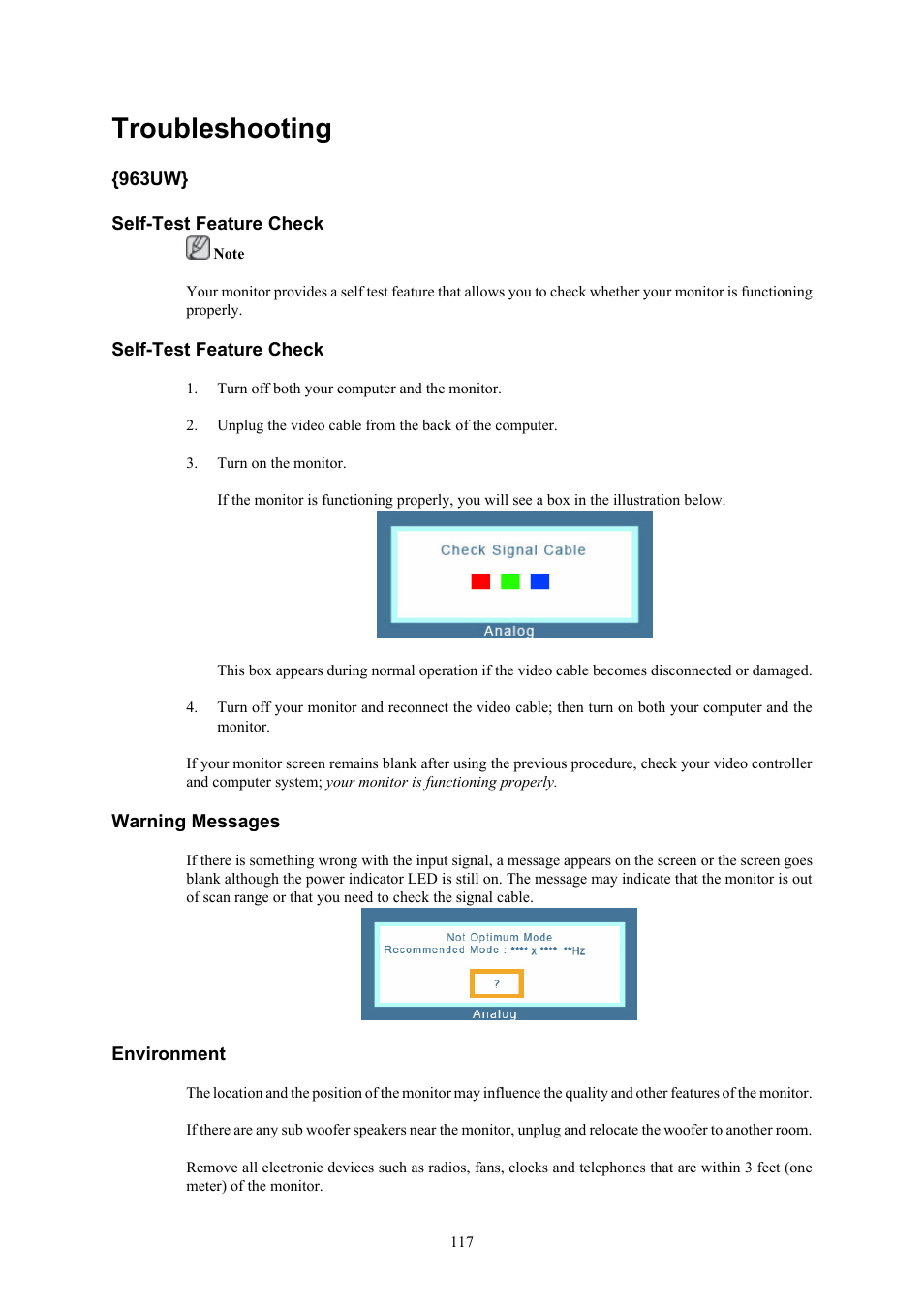 Troubleshooting, 963uw, 963uw} self-test feature check | Self-test feature check, Warning messages, Environment | Samsung 2063UW User Manual | Page 118 / 147