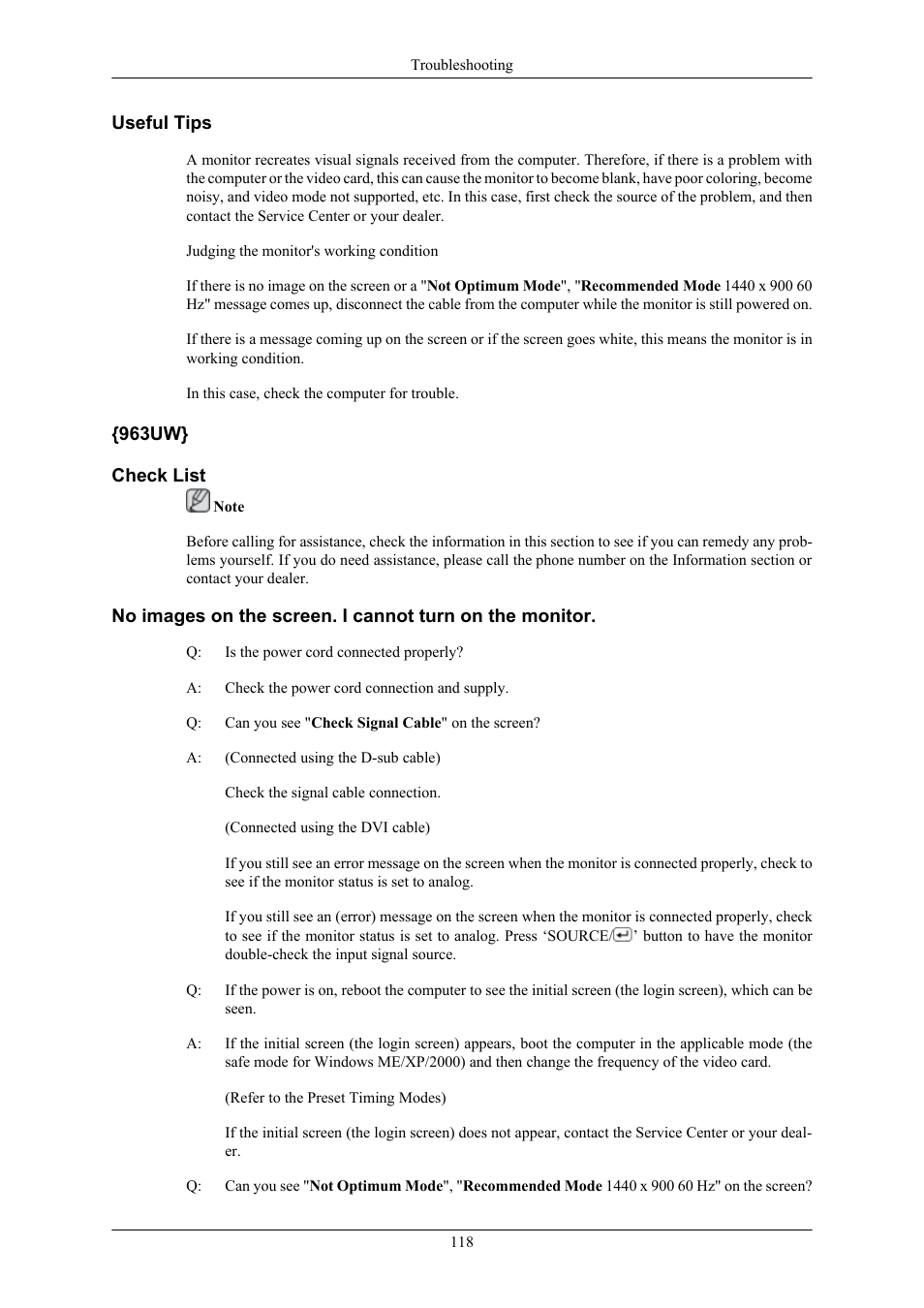 Useful tips, 963uw} check list | Samsung 2063UW User Manual | Page 119 / 147