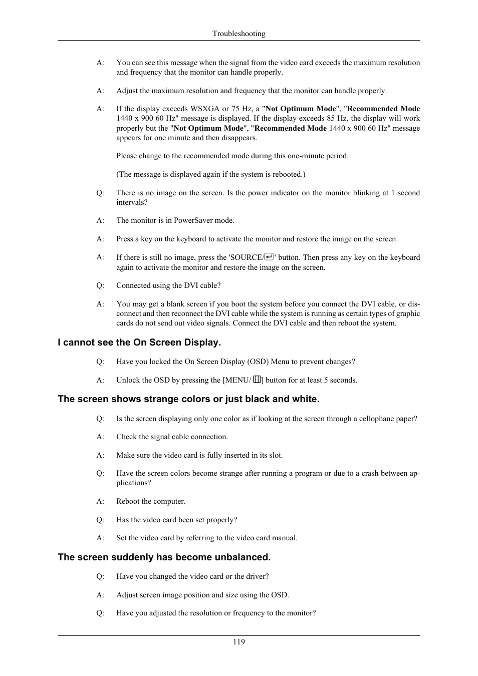 I cannot see the on screen display, The screen suddenly has become unbalanced | Samsung 2063UW User Manual | Page 120 / 147