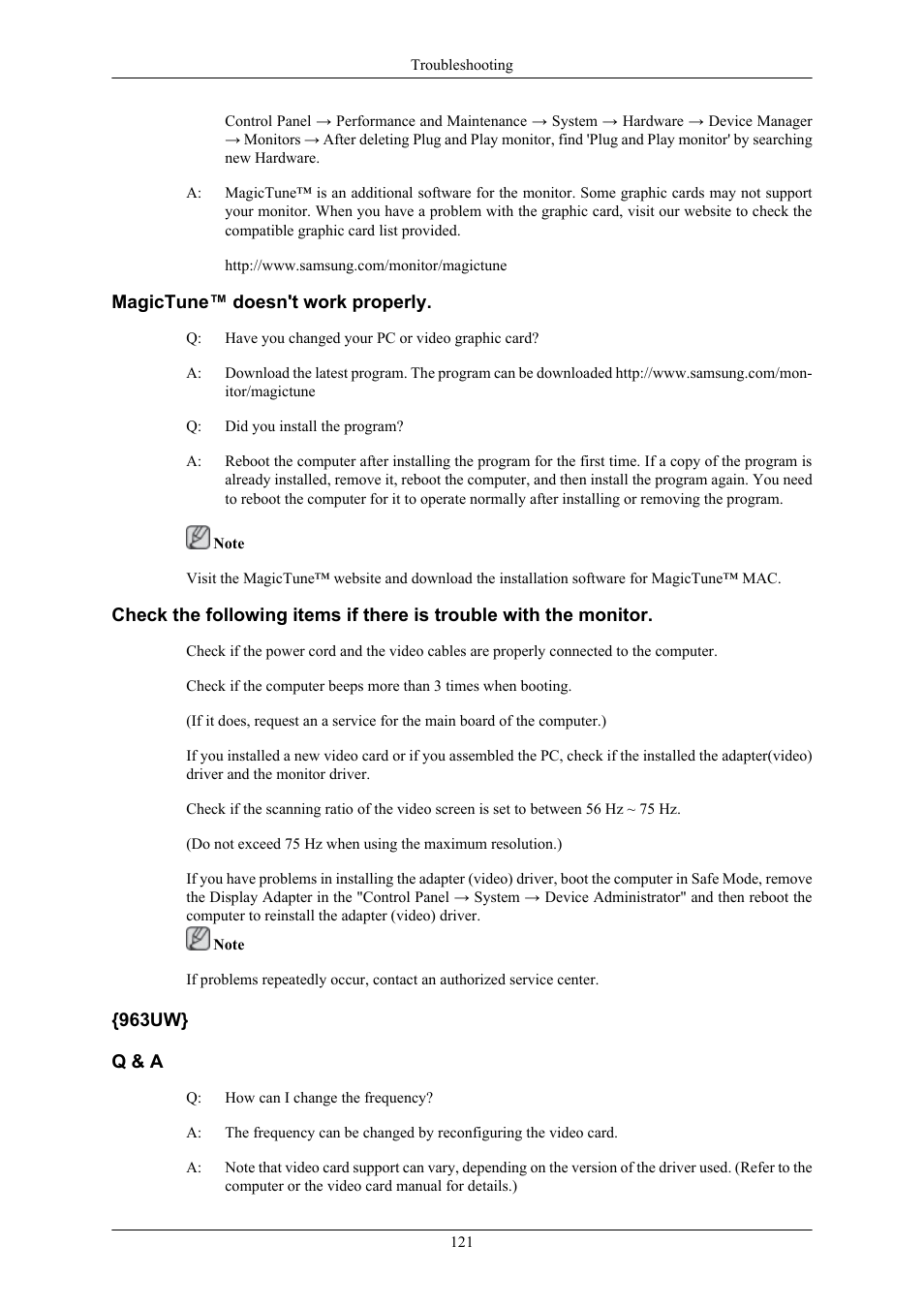 Magictune™ doesn't work properly, 963uw} q & a | Samsung 2063UW User Manual | Page 122 / 147