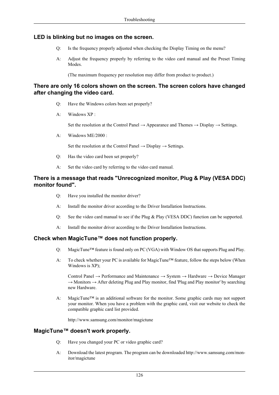 Led is blinking but no images on the screen, Check when magictune™ does not function properly, Magictune™ doesn't work properly | Samsung 2063UW User Manual | Page 127 / 147