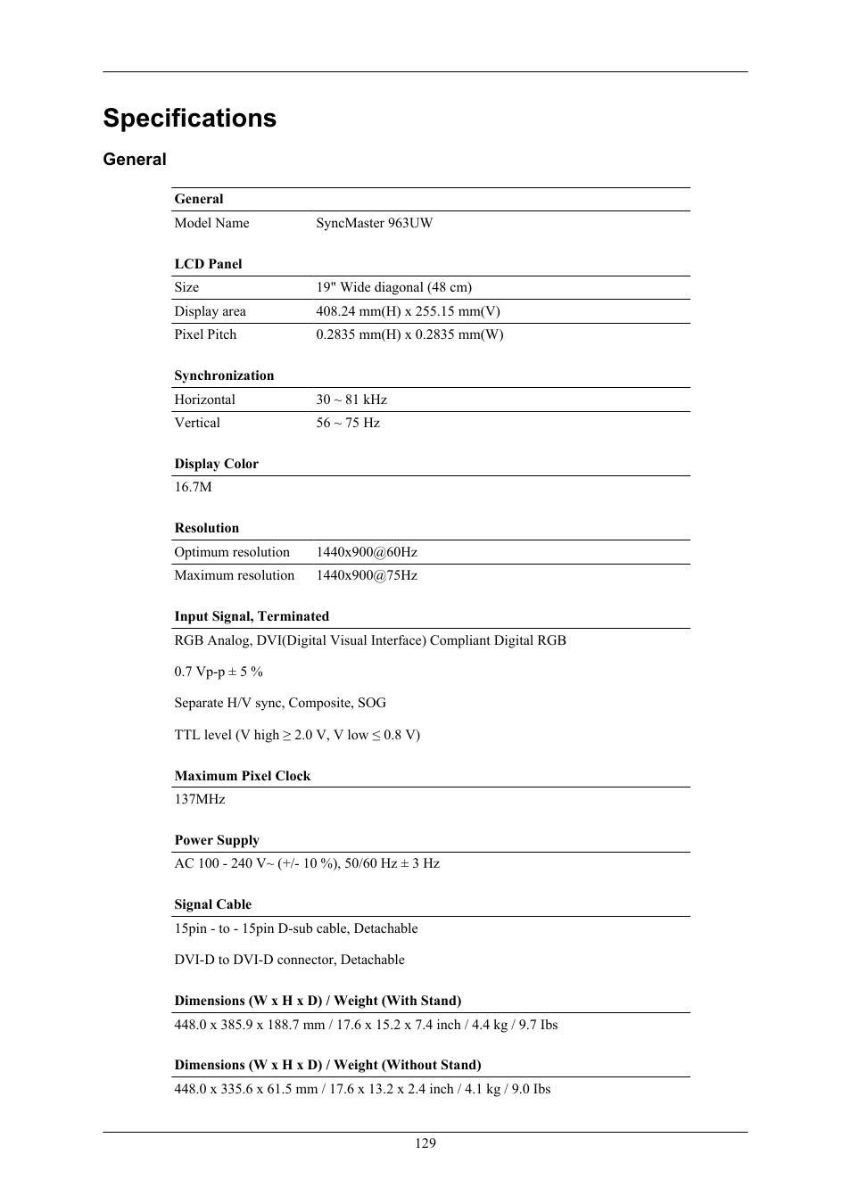 Specifications, 963uw, General | Samsung 2063UW User Manual | Page 130 / 147