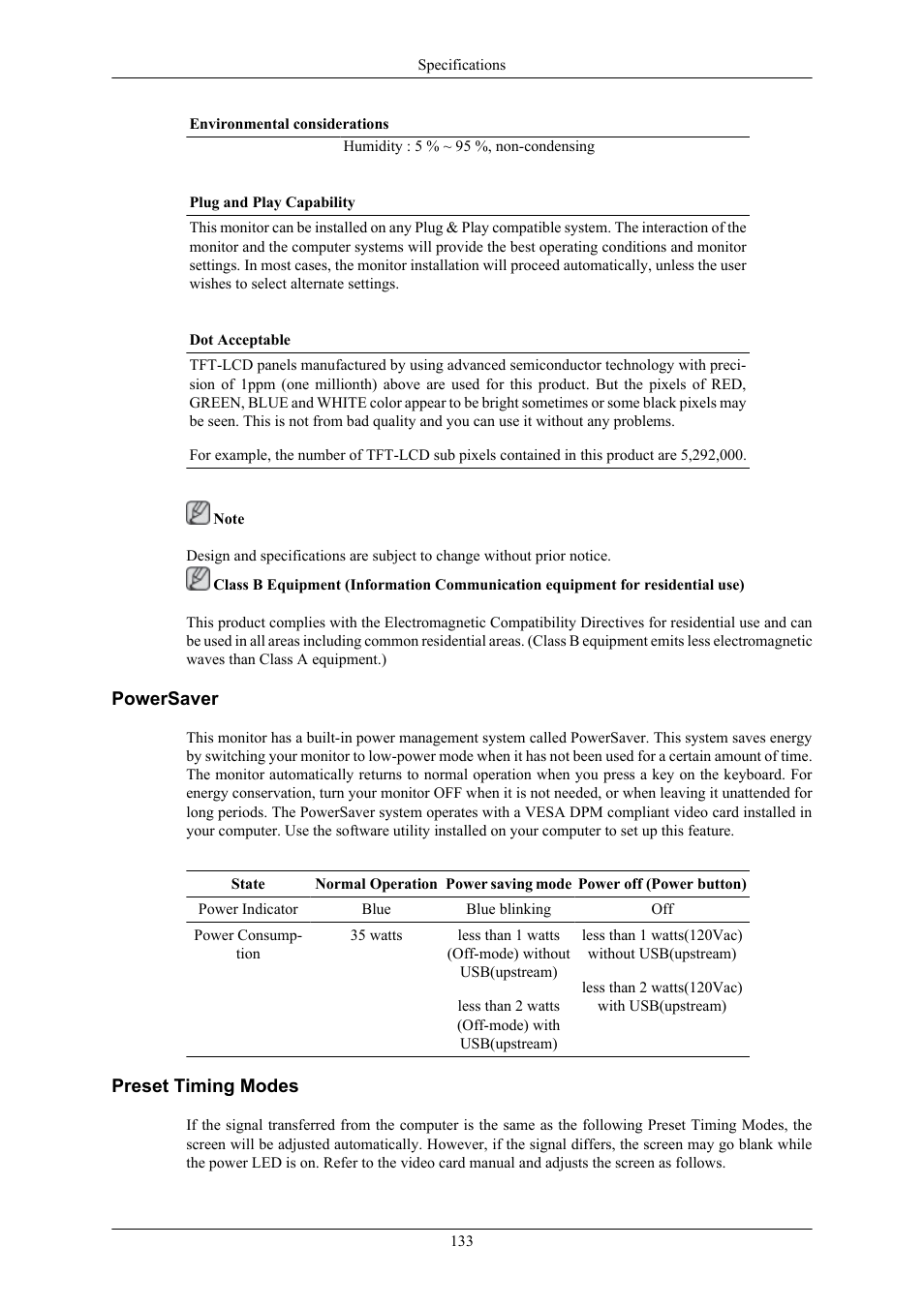 Powersaver, Preset timing modes | Samsung 2063UW User Manual | Page 134 / 147