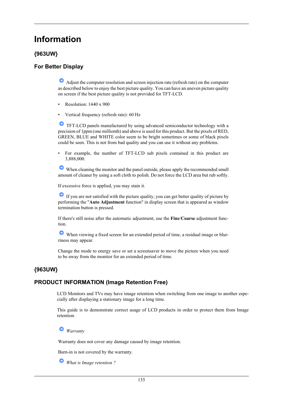 Information, 963uw, 963uw} for better display | 963uw} product information (image retention free) | Samsung 2063UW User Manual | Page 136 / 147