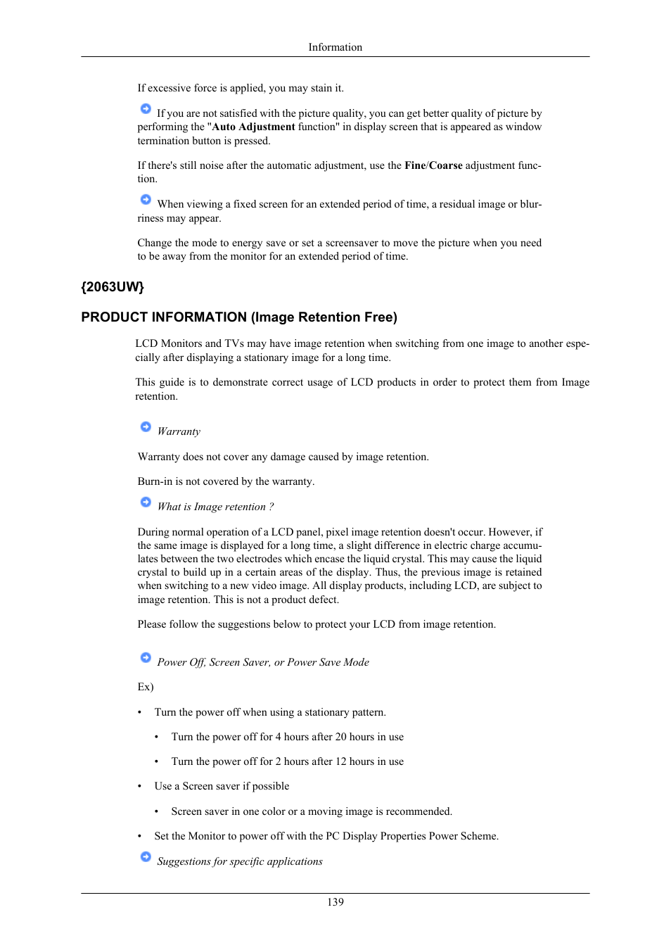 2063uw} product information (image retention free) | Samsung 2063UW User Manual | Page 140 / 147