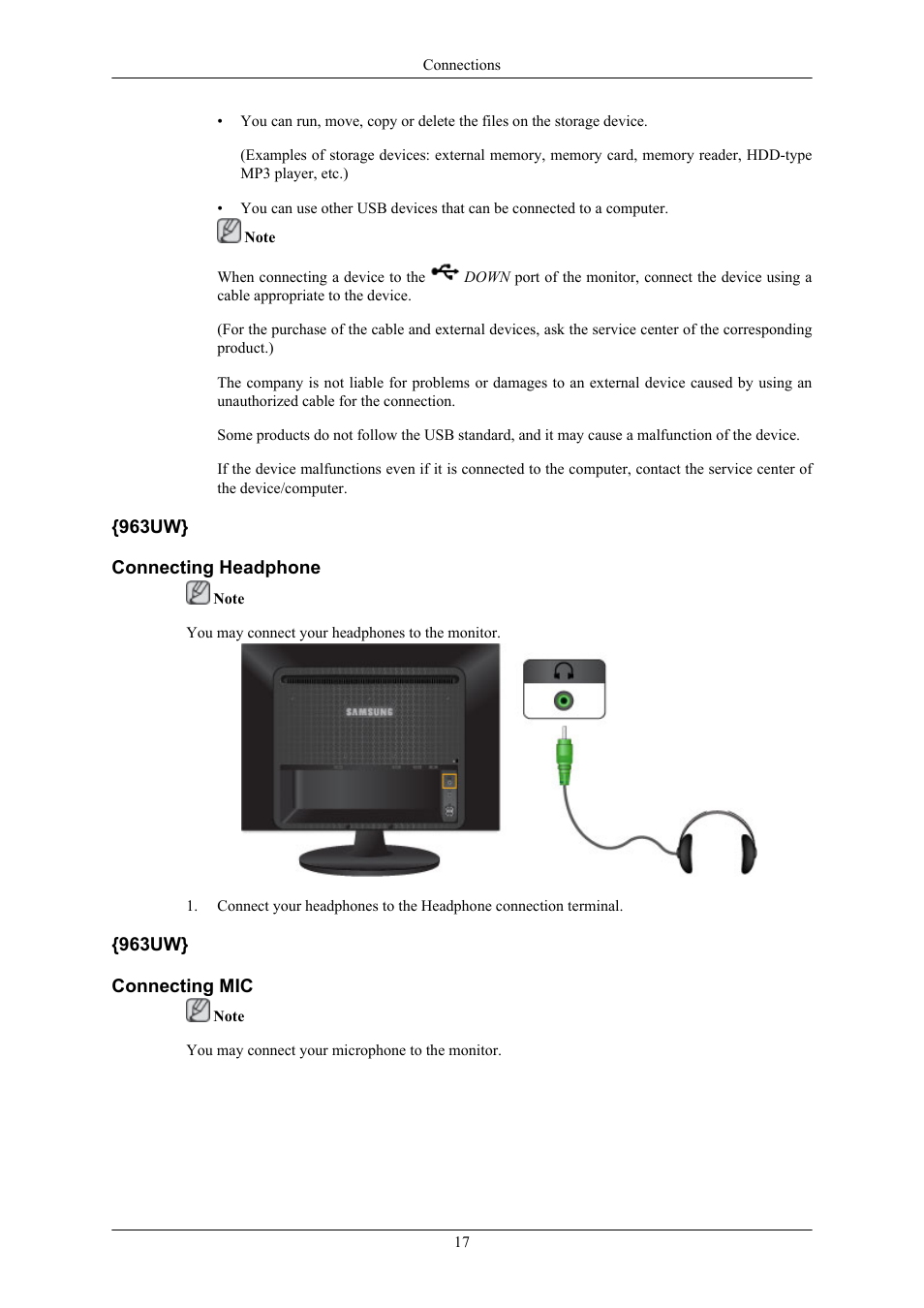 963uw} connecting headphone, 963uw} connecting mic | Samsung 2063UW User Manual | Page 18 / 147