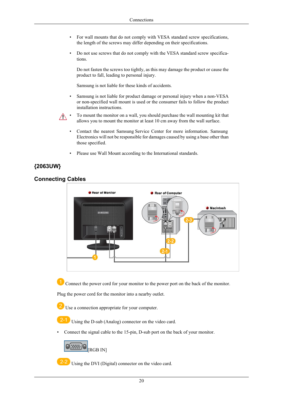 2063uw, 2063uw} connecting cables | Samsung 2063UW User Manual | Page 21 / 147