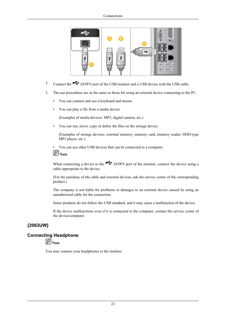 2063uw} connecting headphone | Samsung 2063UW User Manual | Page 23 / 147