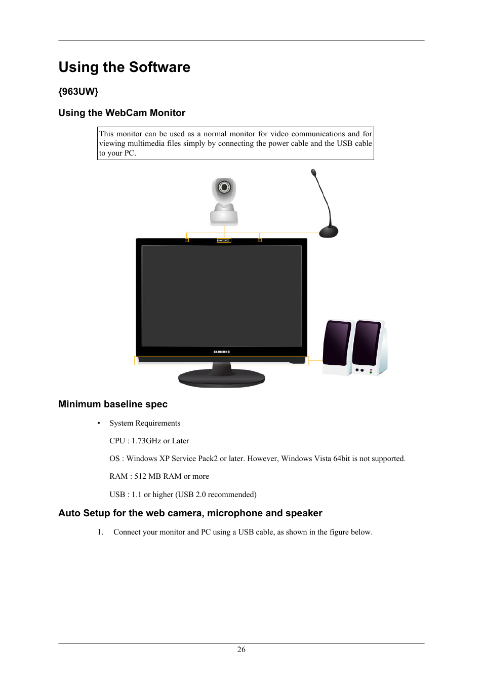 Using the software, 963uw, 963uw} using the webcam monitor | Minimum baseline spec | Samsung 2063UW User Manual | Page 27 / 147
