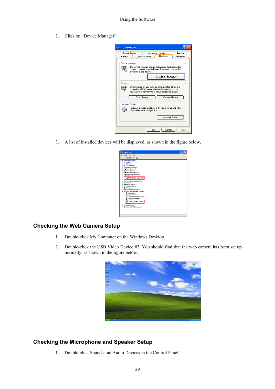 Checking the web camera setup, Checking the microphone and speaker setup | Samsung 2063UW User Manual | Page 30 / 147