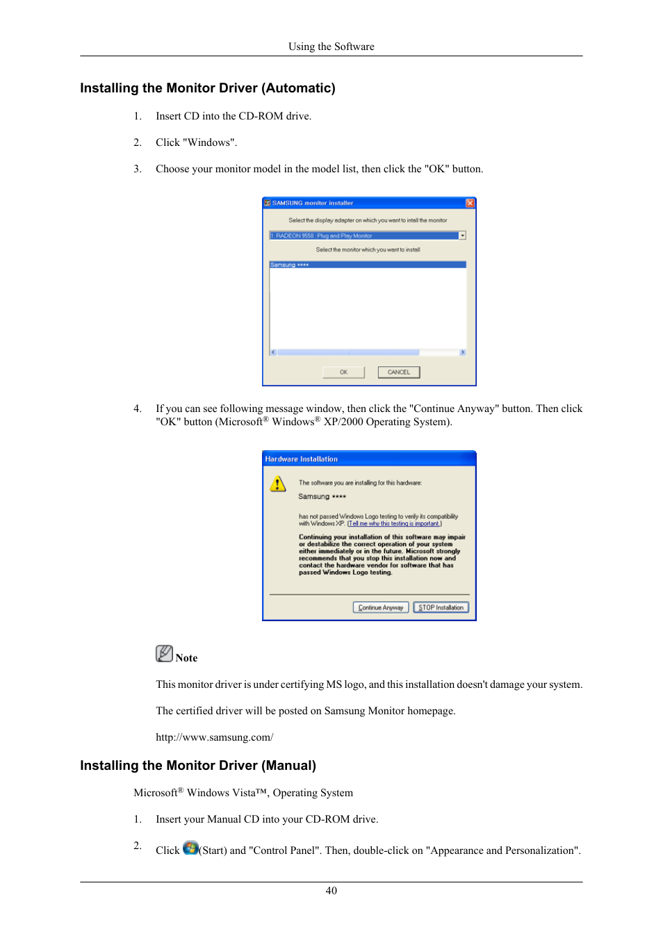 Installing the monitor driver (automatic), Installing the monitor driver (manual) | Samsung 2063UW User Manual | Page 41 / 147